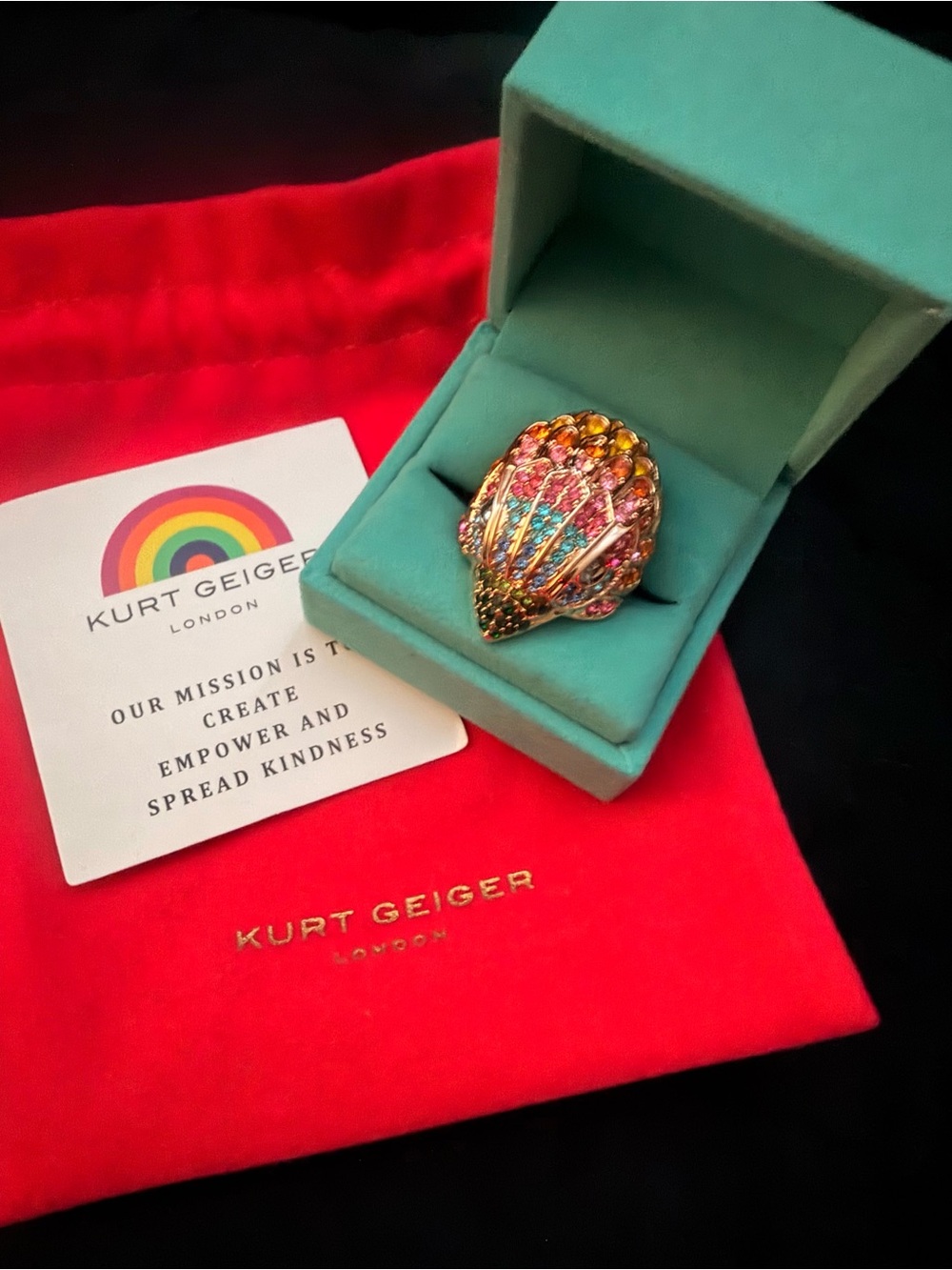 Kurt Geiger Gold-Tone Multicolor Crystal Shell Ring Size 7